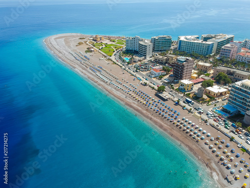 Aerial birds eye view drone photo of Elli beach on Rhodes city island, Dodecanese, Greece. Panorama with nice sand, lagoon and clear blue water. Famous tourist destination in South Europe © oleg_p_100
