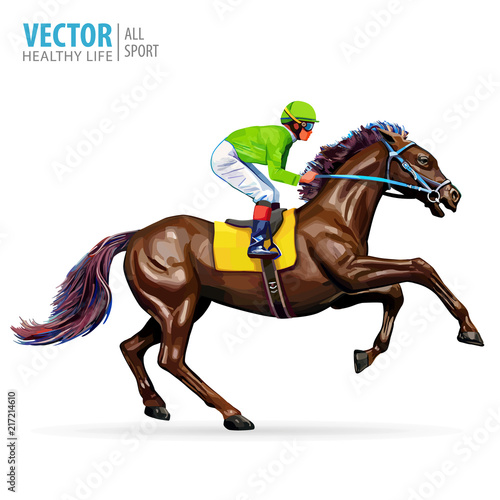 Jockey on horse. Champion. Horse racing. Hippodrome. Racetrack. Jump racetrack. Horse riding. Racing horse coming first to finish line. Isolated on white background. Vector illustration