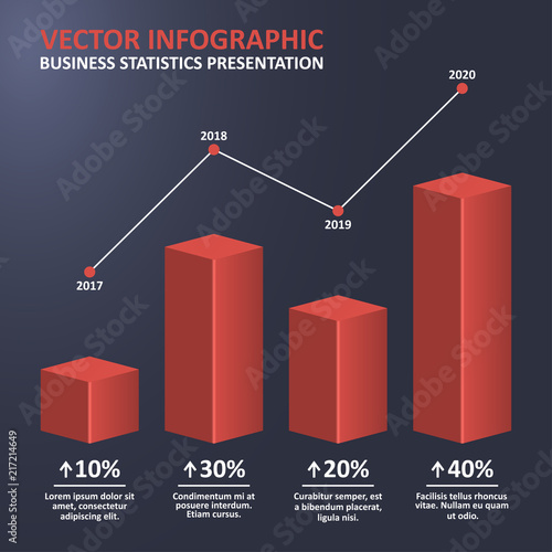 Statistics business diagram with 3d bar chart and point graph. Statistical infographic with steps and progress in percent. Vector illustration.