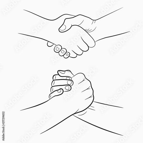 Handshake hand-drawn signs set. Brotherly and friendly drawing shake hands. Vector illustration.