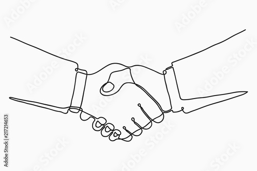 Continuous line drawing of handshake. Handshaking of business partners drawn by one single line. Vector illustration.