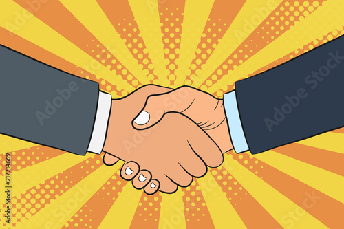 Handshake illustration in pop art style. Businessmans shake hands. Partnership and teamwork concept. Vector.