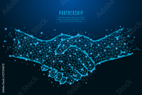 Business handshake illustration with points, lines, and polygonal shapes. Partnership deal concept made of stars, dots and line on blue space background. Vector.