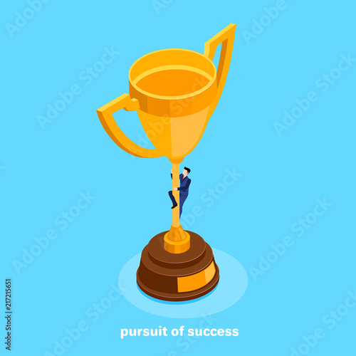 isometric image, a man in a business suit climbs on a cup