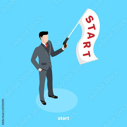 an isometric image, a man in a business suit is holding a gun from which a white flag with an inscription start