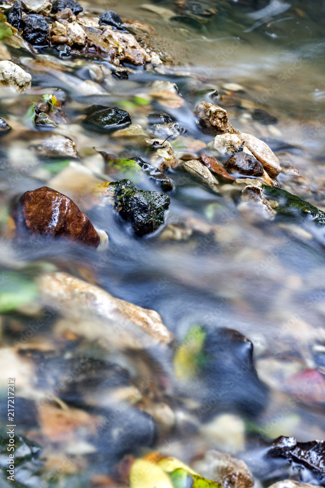 Fototapeta premium A stony streambed, a stream of clear water. Stream Repinka in the city of Obninsk, Russia 