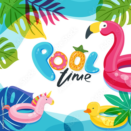 Swimming pool time. Flamingo, duck and unicorn float kids toys. Beach party vector poster, flyer, banner design template