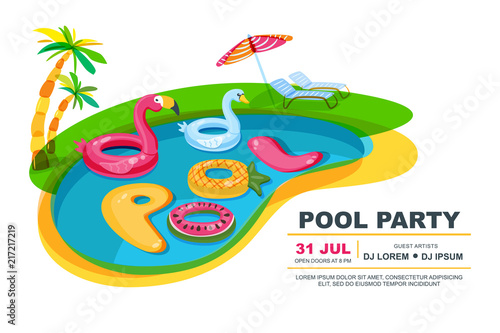 Swimming pool with floating kids toys. Vector illustration. Beach party poster, flyer, banner design template.