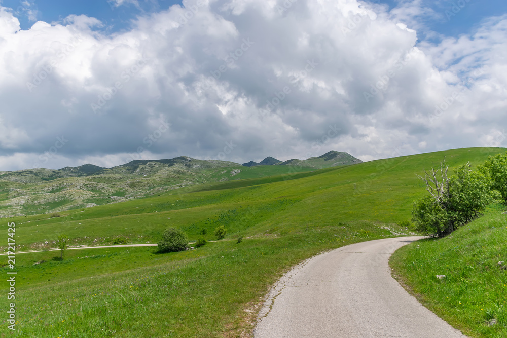 A winding narrow road leads through picturesque meadows and mountains.
