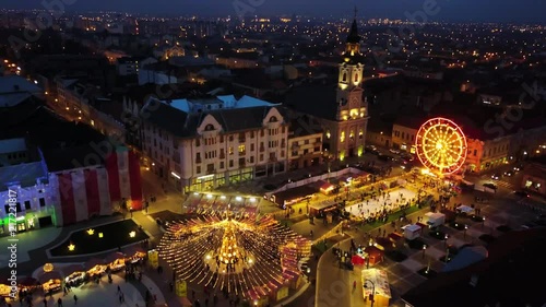 Amazing drone areal view of the city of Oradea, Romania. It showcases the Christmas market in the old town of Oradea. photo