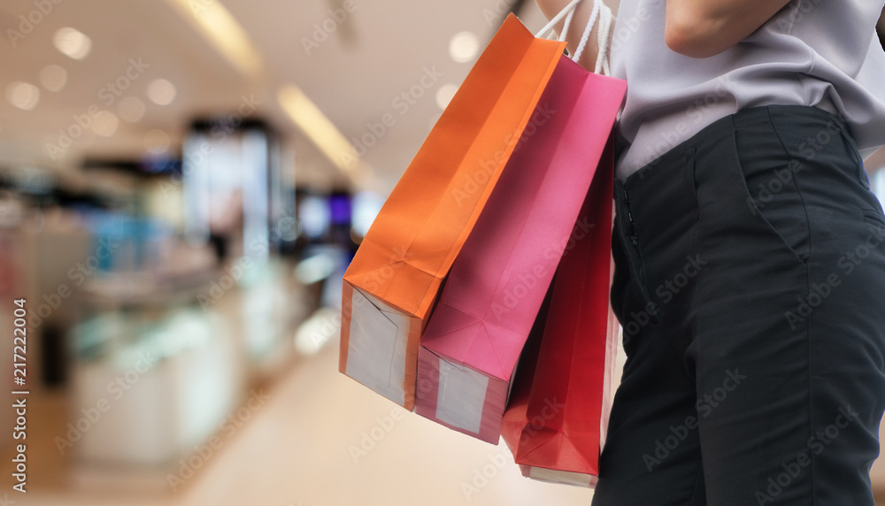 Cheerful Shopper Girl With Purchases In Colorful Paper Bags Happy