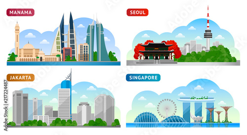 Travel to Asia. Singapore, Seoul, Jakarta and Manama. Horizontal panoramic view. Vector flat illustration