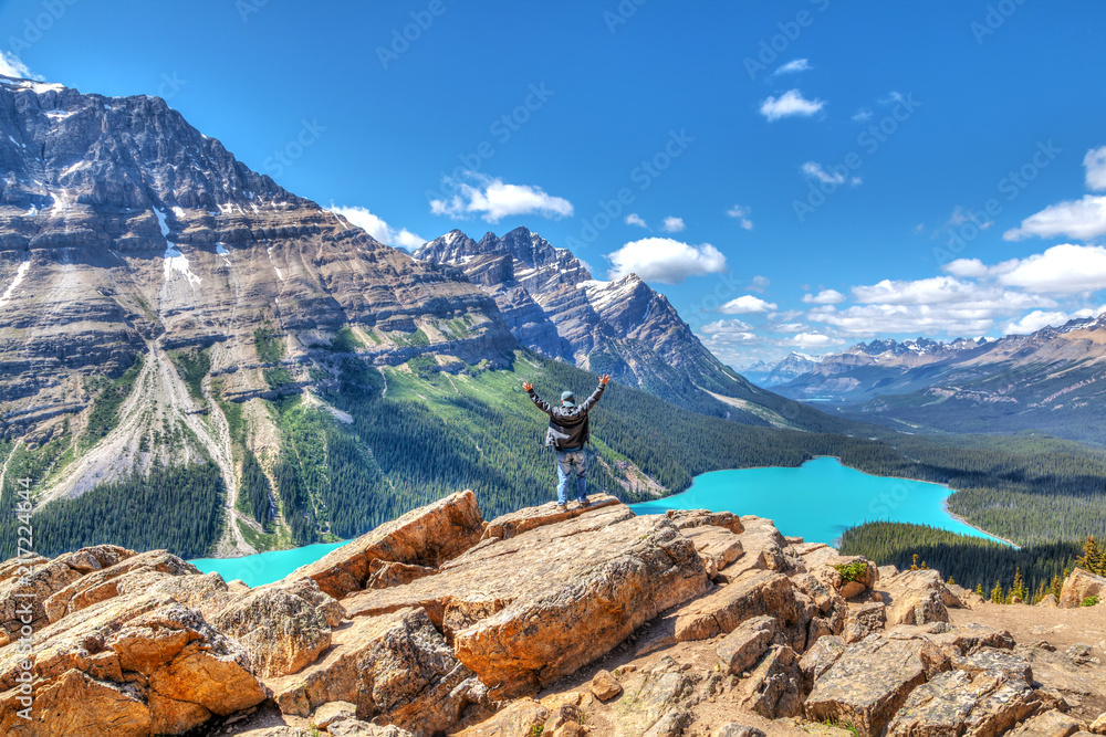 Hiker on Bow Summit overlooking Peyto Lake in Banff National Park - obrazy, fototapety, plakaty 