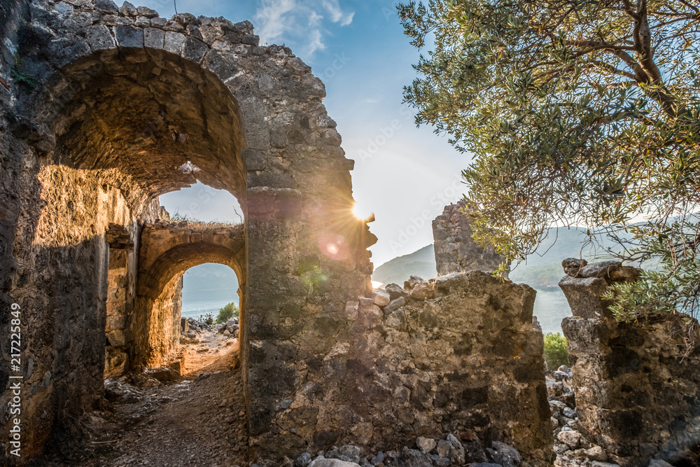 Ruined stone building in Gemiler island , Kayavillage, Fethiye, Turkey
