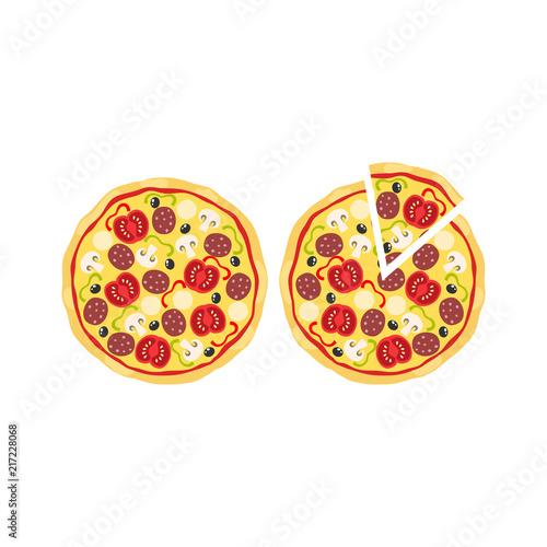 Pizza and slice of pizza cartoon clipart. Colorful pizza vector illustration.