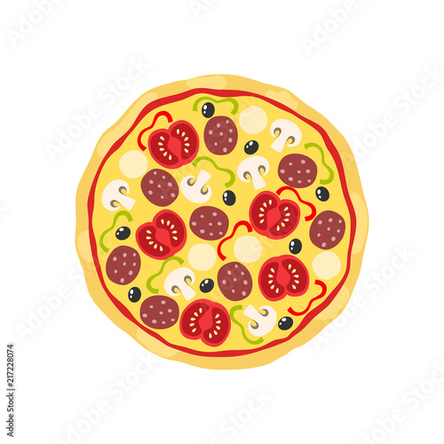 Pizza with salami tomatoes and mushrooms cartoon clipart. Colorful pizza vector illustration.
