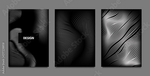 Distortion of Lines. Abstract Backgrounds with Vibrant Gradient and Wavy Stripes. Monochrome Cover Templates Set with Volume and Metallic Effect. Distorted Shapes for Business Presentation, Brochure.