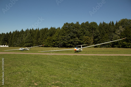 Sailplane on a natural airfield waiting for start
