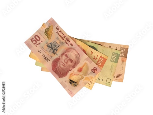 Some mexican peso 50 100 200 and 500 bills isolated on white background