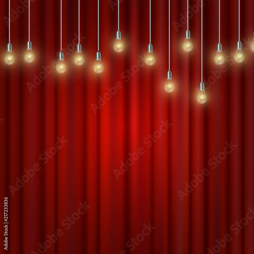 Evening show red velvet curtains with vintage electric bulb garland. Industrial design club scene for stand up comics, speakers, concerts. Banner for performances, advertisement posters.