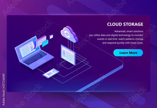 Cloud storage vector illustration of internet data sharing technology. Isometric user multimedia synchronization in computer or digital tablet and smartphone devices on purple ultra violet background