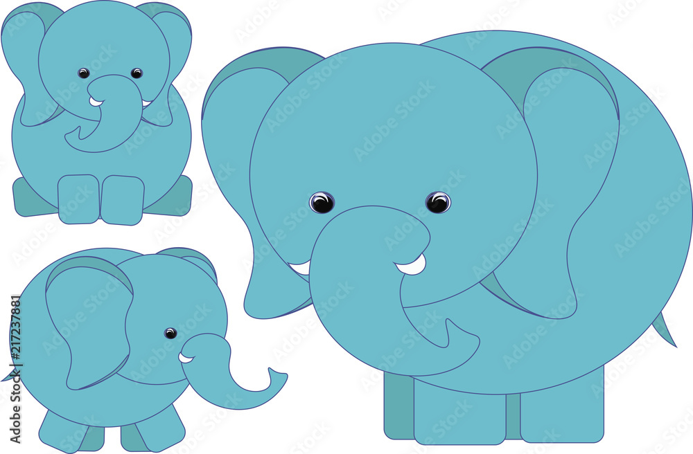 a large stylized elephant, blue, with small black eyes and small tusks, in three versions, a vector