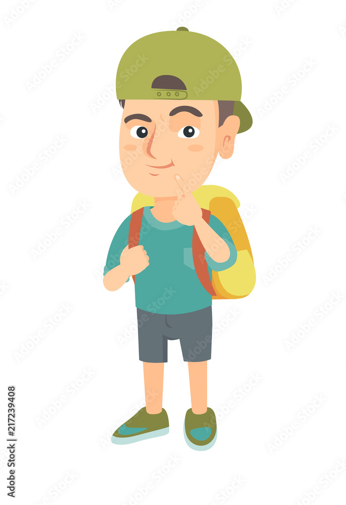 Thoughtful little boy in a cap thinking and holding finger on his chin.  Caucasian little boy with school bag thinking. Vector sketch cartoon  illustration isolated on white background. Stock Vector | Adobe