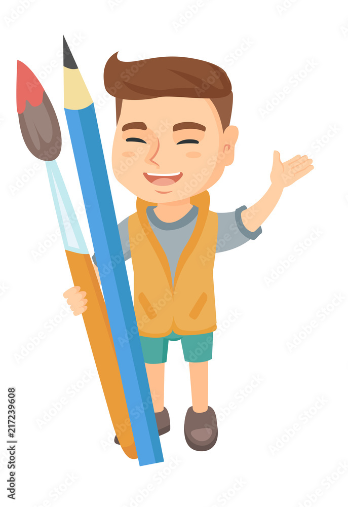 Smiling caucasian boy holding big pencil and paintbrush. Full length of happy laughing boy with huge pencil and paintbrush. Vector sketch cartoon illustration isolated on white background. Smiling caucasian boy holding big pencil and paintbrush. Full length of happy laughing boy with huge pencil and paintbrush. Vector sketch cartoon illustration isolated on white background.