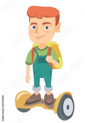 Joyful caucasian schoolboy riding on self-balancing electric scooter. Happy schoolboy with backpack riding on gyroscooter to school. Vector sketch cartoon illustration isolated on white background.