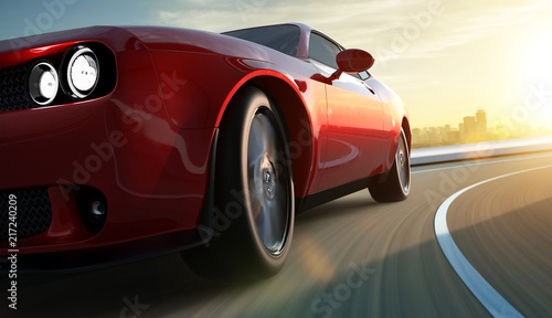 Closeup front and low angle view of a generic red brandless American muscle car in a city street road  with motion blur . Transportation concept . 3D Rendering . Mixed media . photo