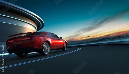 Rear angle view of a generic red brandless American muscle car in a city street road with motion blur . Transportation concept . 3D Rendering . Mixed media .
