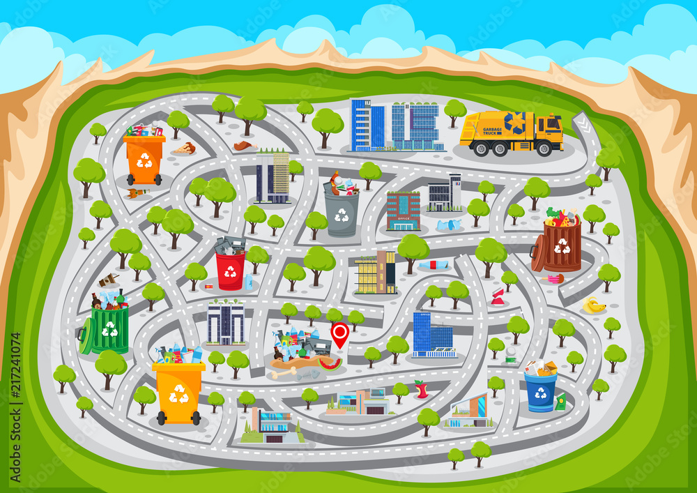 Fun Educational Clean Urban Recycle Awareness City Theme Maze Puzzle Games For Children Illustration
