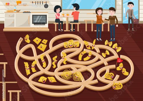 Fun Educational Cute Pasta Cartoon Theme Maze Puzzle Games For Children Illustration
