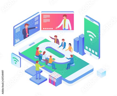 Modern Isometric Smart Online Business Webinar Technology Illustration Concept