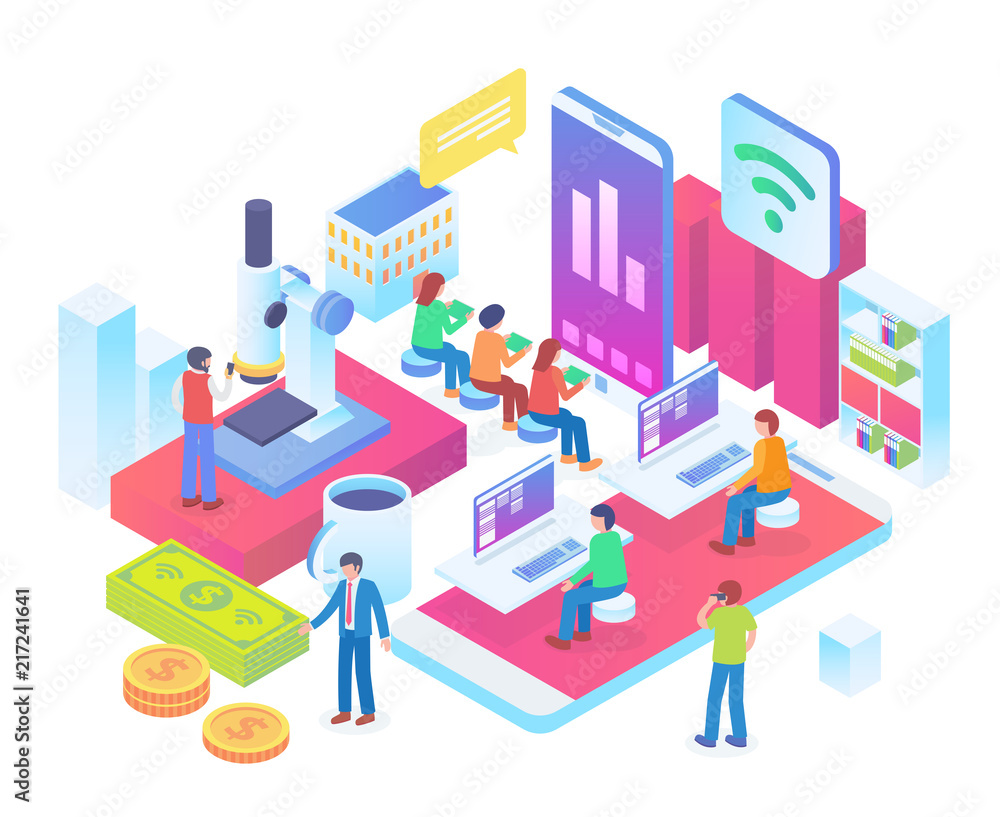 Modern Isometric Online Science Education Illustration in White Isolated Background