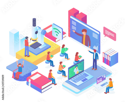 Modern Isometric Online Webinar Training Illustration in White Isolated Background