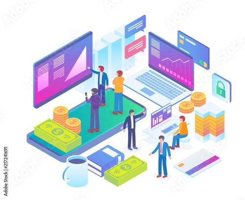 Modern Isometric Online Stock Market Illustration in White Isolated Background