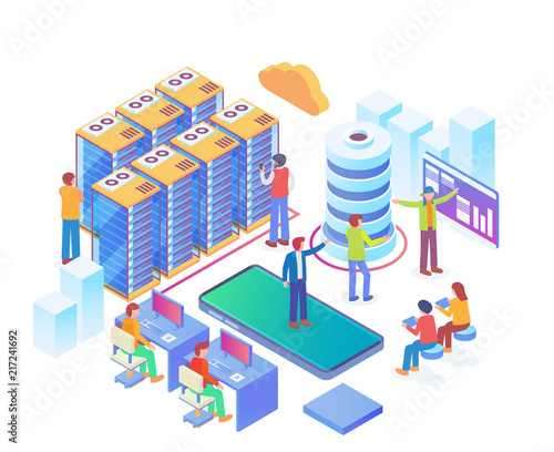 Modern Isometric Cloud Database Processing Technology Illustration in White Isolated Background