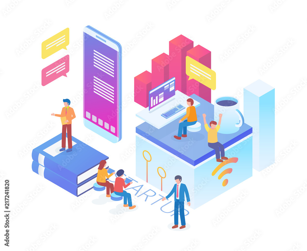 Modern Isometric Technology Startup Office Illustration in White Isolated Background With People and Digital Related Asset Modern Isometric Technology Startup Office Illustration in White Isolated Background With People and Digital Related Asset