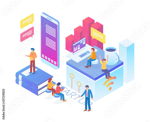 Modern Isometric Technology Startup Office Illustration in White Isolated Background With People and Digital Related Asset