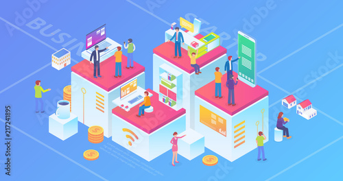 Ultra HD Resolution Technology Startup Company Isometric Composition Background With People and Digital Related Asset Illustration