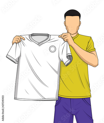 New transfer football or soccer player holds white mock up shirt isolated