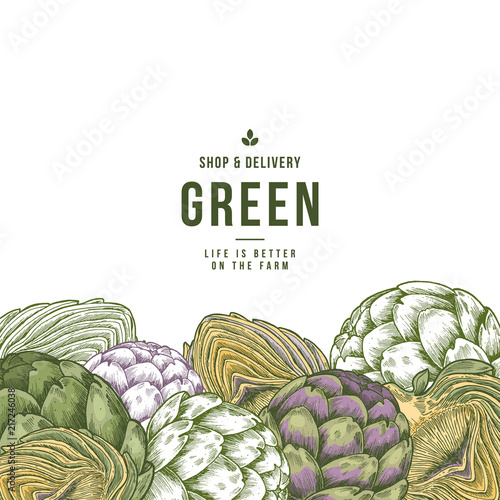 Artichoke organic market design template. Organic vegetables. Vector illustration