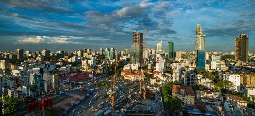 Fototapeta premium Beautiful sunset of Ho Chi Minh city skyline - Administrative and Financial district
