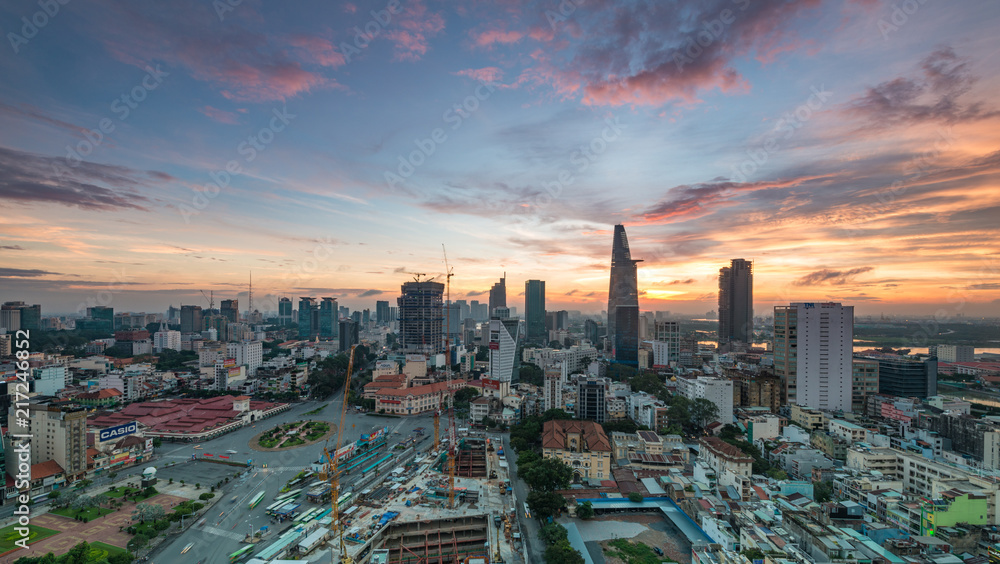 Royalty high quality free stock image aerial view of Ho Chi Minh city, Vietnam. Beauty skyscrapers along river light smooth down urban development in Ho Chi Minh City, Vietnam.