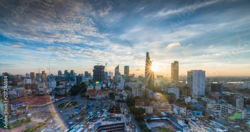 Royalty high quality free stock image aerial view of Ho Chi Minh city, Vietnam. Beauty skyscrapers along river light smooth down urban development in Ho Chi Minh City, Vietnam.