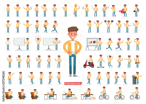Set of men character vector design. Presentation in various action with emotions, running, standing, walking and working. no5