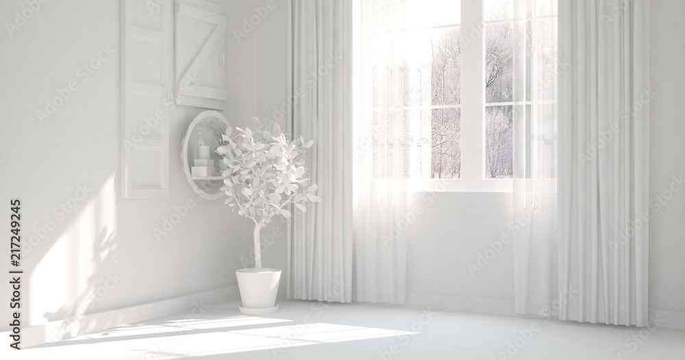 White empty room with winter landscape in window. Scandinavian interior design. 3D illustration White empty room with winter landscape in window. Scandinavian interior design. 3D illustration
