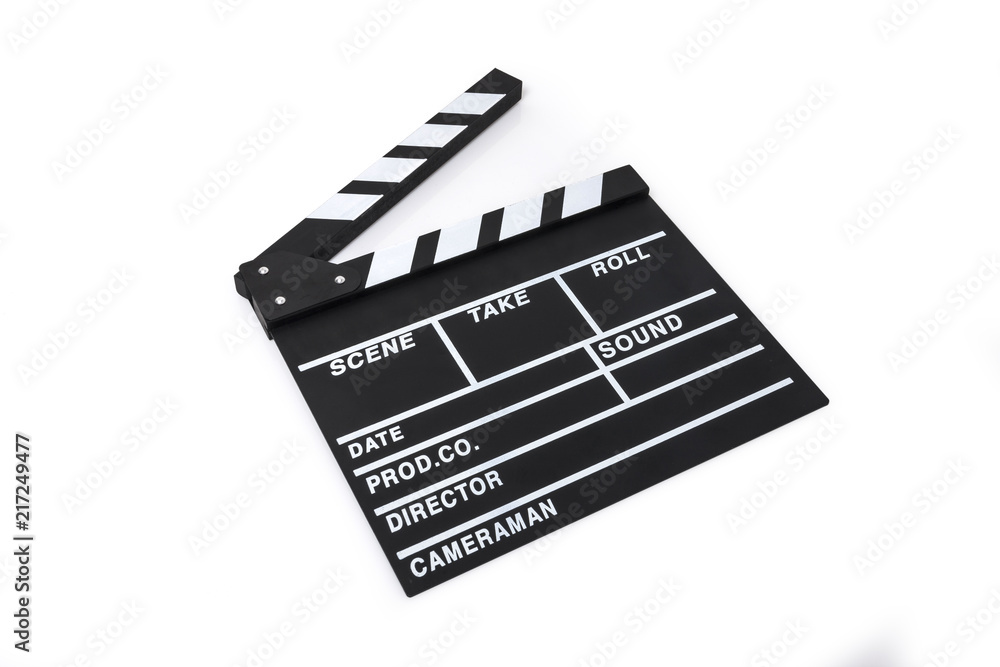 Naklejka premium clapper board closeup isolated white.