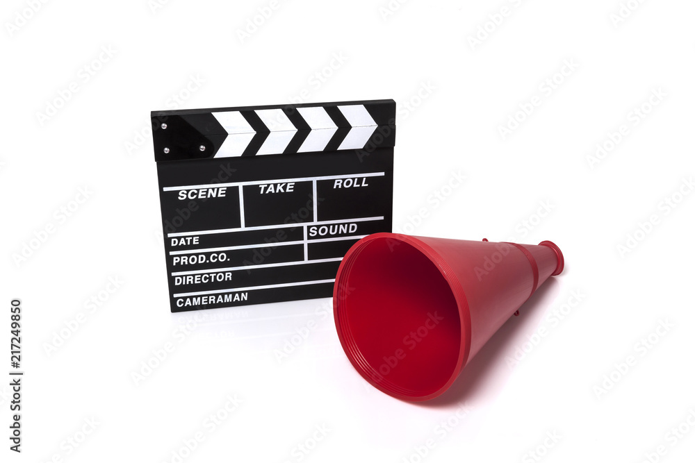 red plastic megaphone with clapper board isolated white. Stock Photo